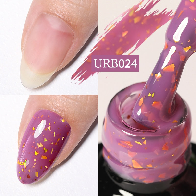 7ml Glitter  Rubber Base Gel Aurora Chameleon Pink Gold Flakes Varnish Soak Off Semi Permanent UV Gels Polish